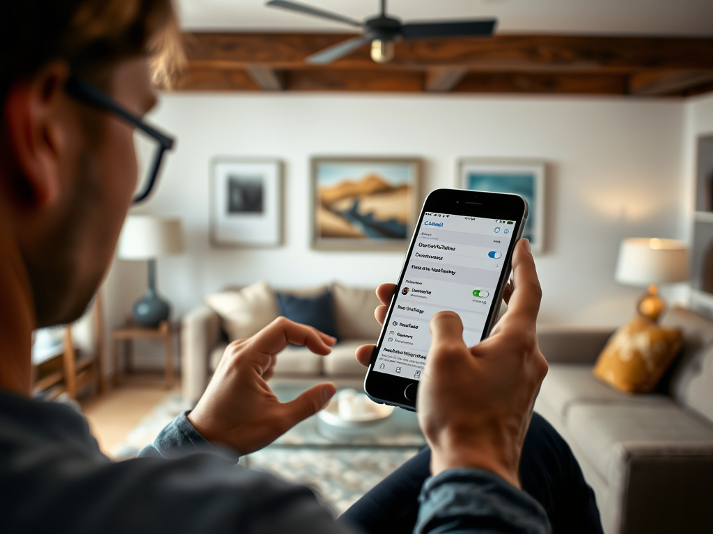 A person using a smartphone in a cozy living room, with app settings visible on the screen.