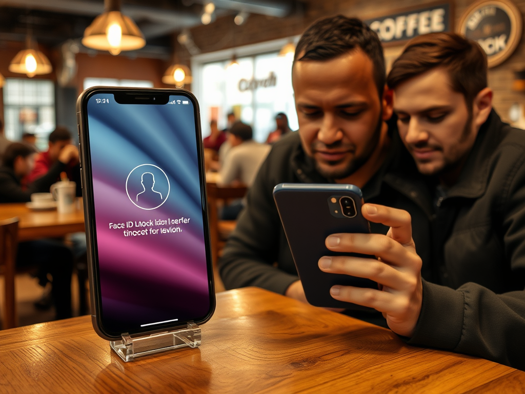 A smartphone displays a Face ID unlock screen in a café, while two men look at a phone together.