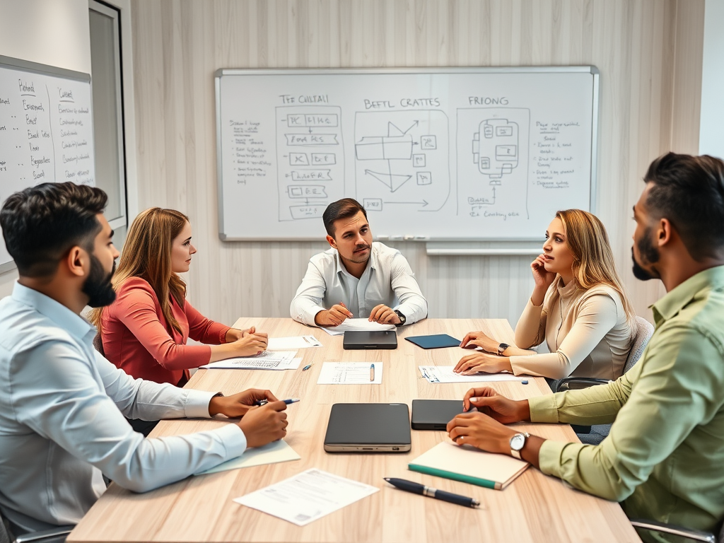 A team of six professionals engaged in a meeting, discussing strategies with notes and a whiteboard in the background.