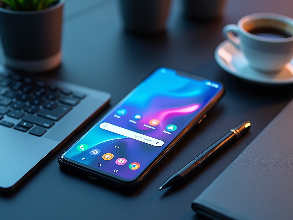 Smartphone with colorful screen beside pen, laptop, and coffee on dark blue desk.