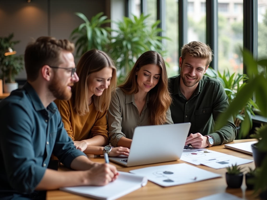 Four young professionals engaged in a collaborative meeting around a laptop in a modern office.