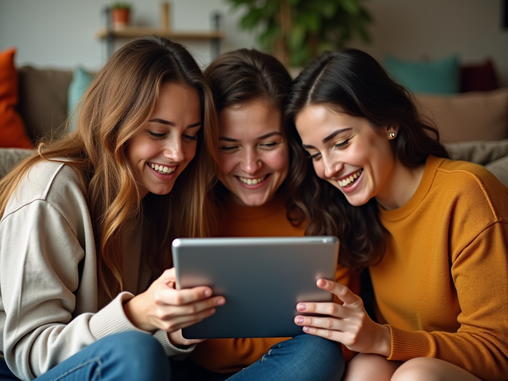 Three women smiling and looking at a tablet together on a couch.