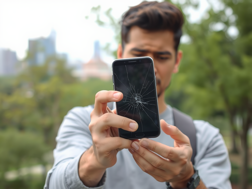 A young man holds a smartphone with a cracked screen, looking concerned in an outdoor park setting.