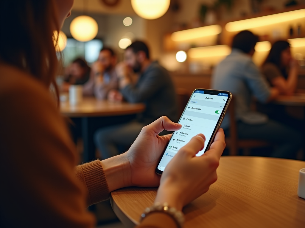 Woman using smartphone in a café, browsing an app with various settings visible.