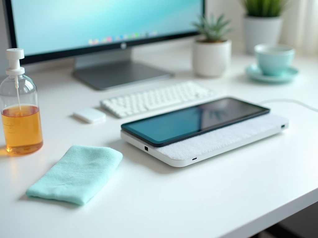 Modern home office setup with tablet resting on a towel beside cleaning supplies.